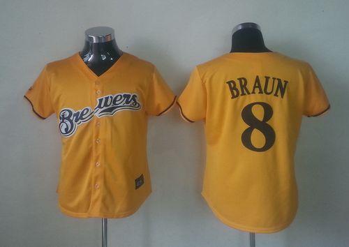 Brewers #8 Ryan Braun Yellow Alternate Cool Base Women's Stitched MLB Jersey - Click Image to Close